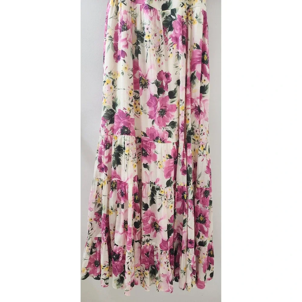 Abercrombie & Fitch Pink Floral Tiered Maxi Dress XL Flutter Sleeve Twist Front